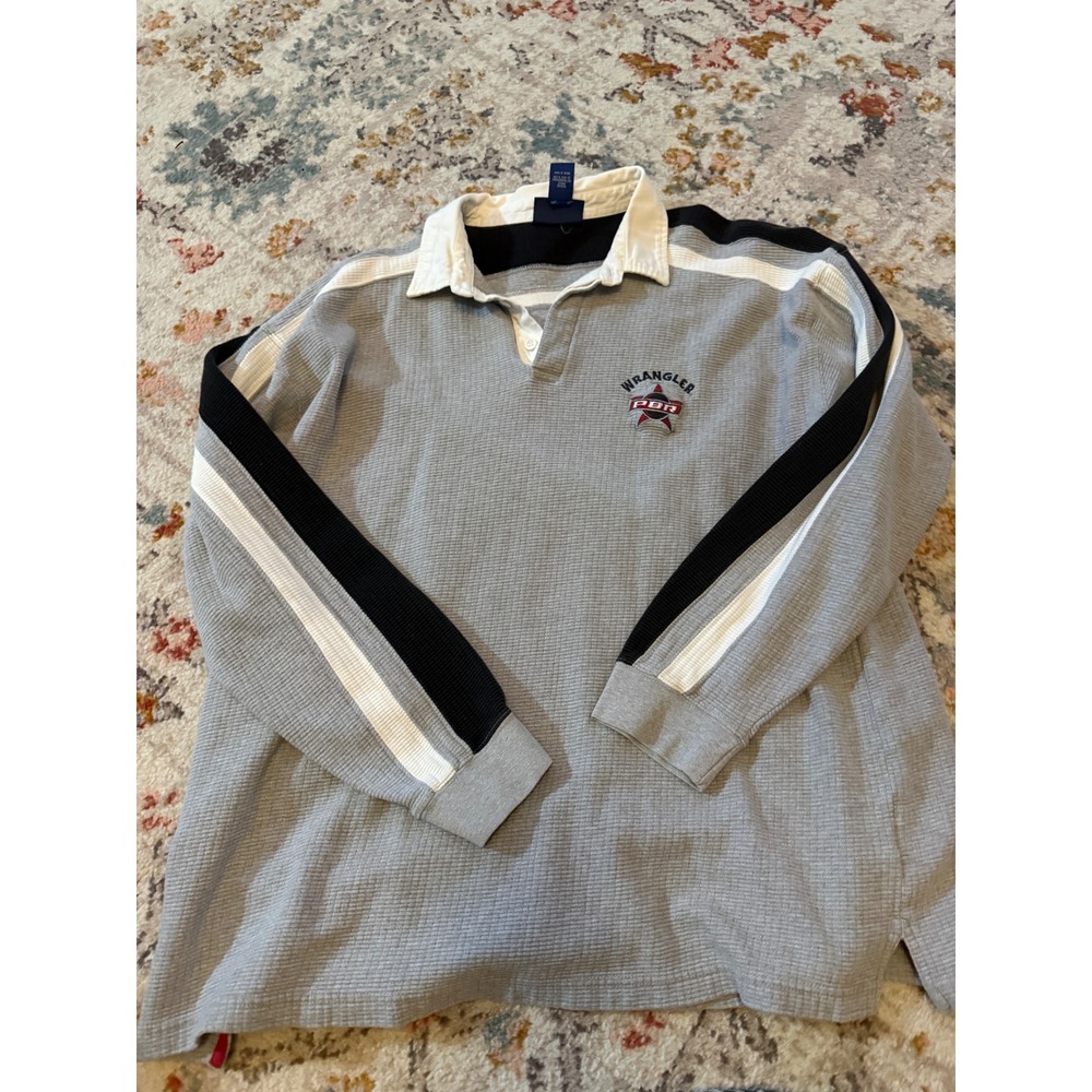 Vintage Y2K Wrangler PBR Men XXL Gray Waffle Knit Rugby Shirt Racing Stripe